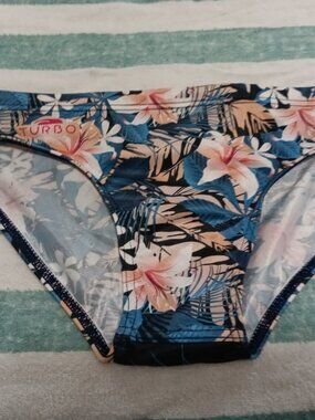 VINTAGE TURBO SWIM BRIEF, SIZE 32", BLUE PATTERN, 2 1/4" SIDES (Pre-Owned)